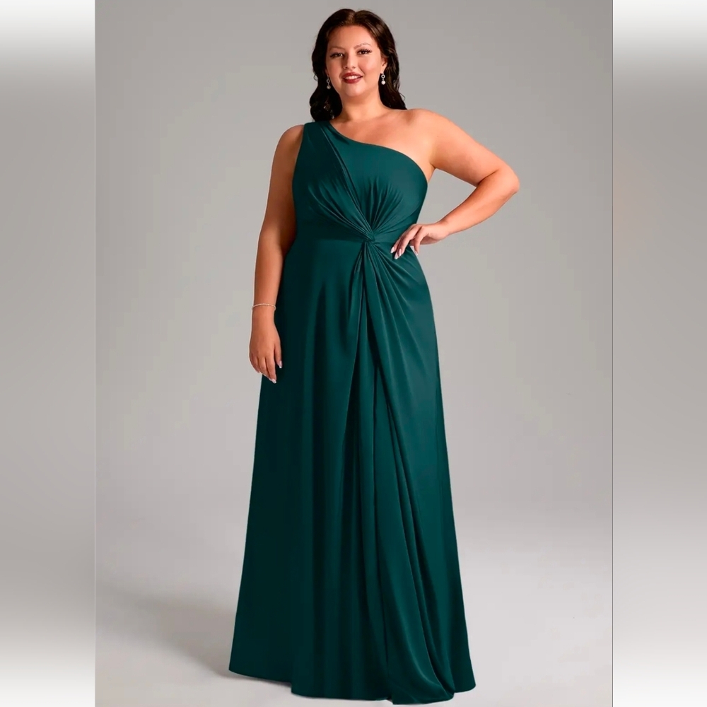 Azazie Brooke Pine A-Line One Shoulder Mesh Dress - Picture 3 of 12